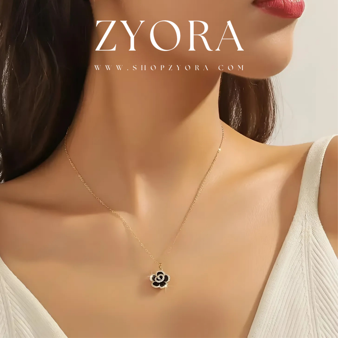 Gold-Plated Black Rose Pendant Necklace ZYORA