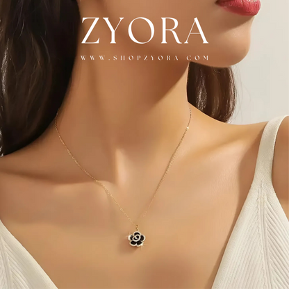 Gold-Plated Black Rose Pendant Necklace ZYORA