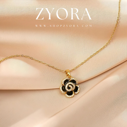 Gold-Plated Black Rose Pendant Necklace ZYORA