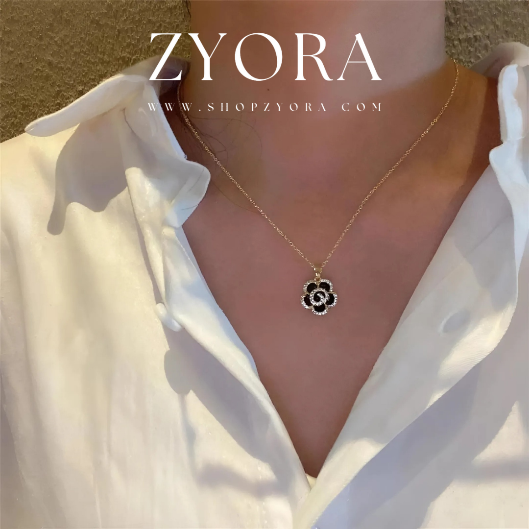 Gold-Plated Black Rose Pendant Necklace ZYORA