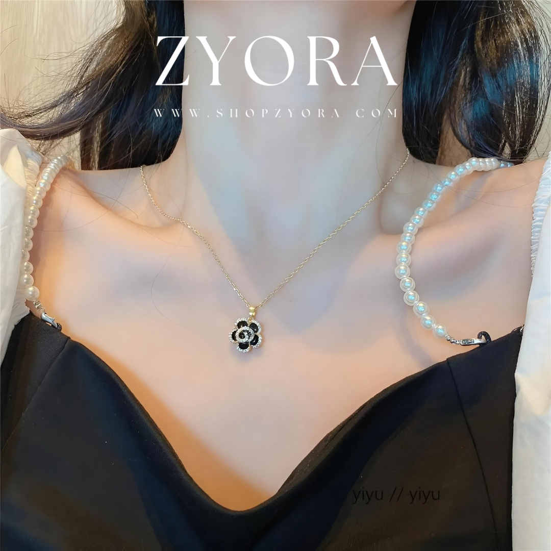 Gold-Plated Black Rose Pendant Necklace ZYORA