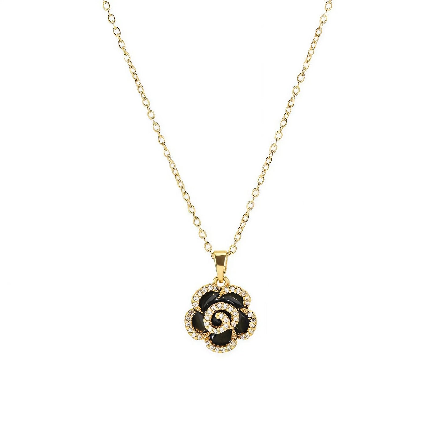 Gold-Plated Black Rose Pendant Necklace ZYORA