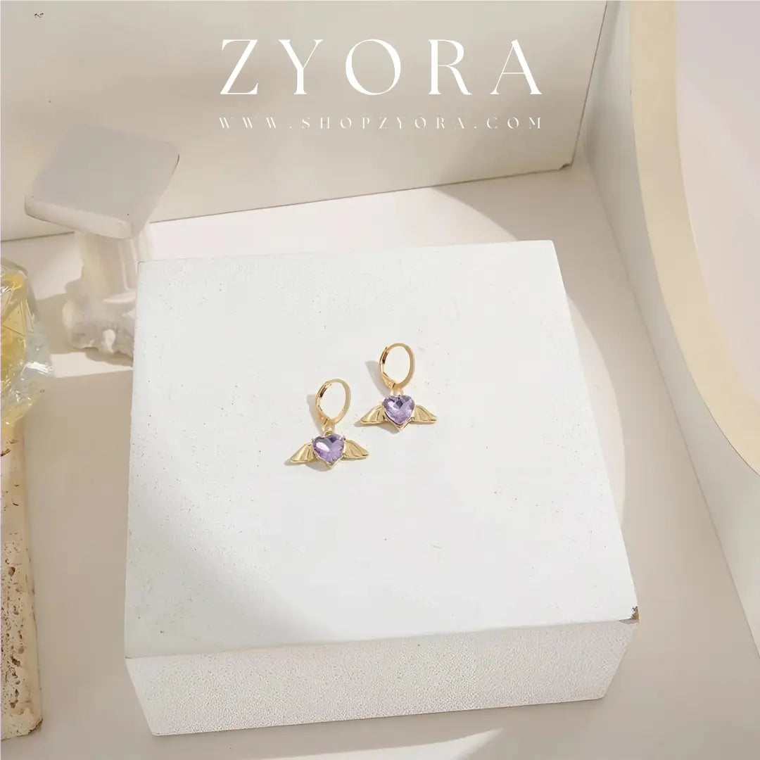 Gold Hoop Earrings with Purple Heart Artificial Stone ZYORA