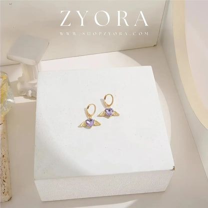 Gold Hoop Earrings with Purple Heart Artificial Stone ZYORA