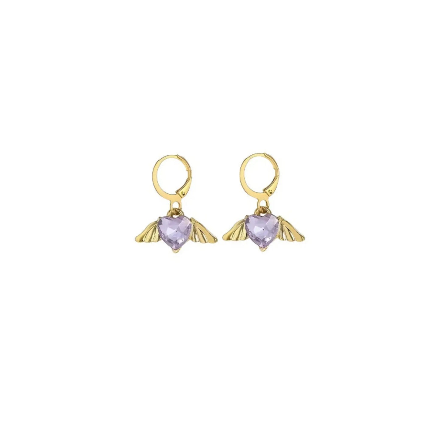 Gold Hoop Earrings with Purple Heart Artificial Stone ZYORA