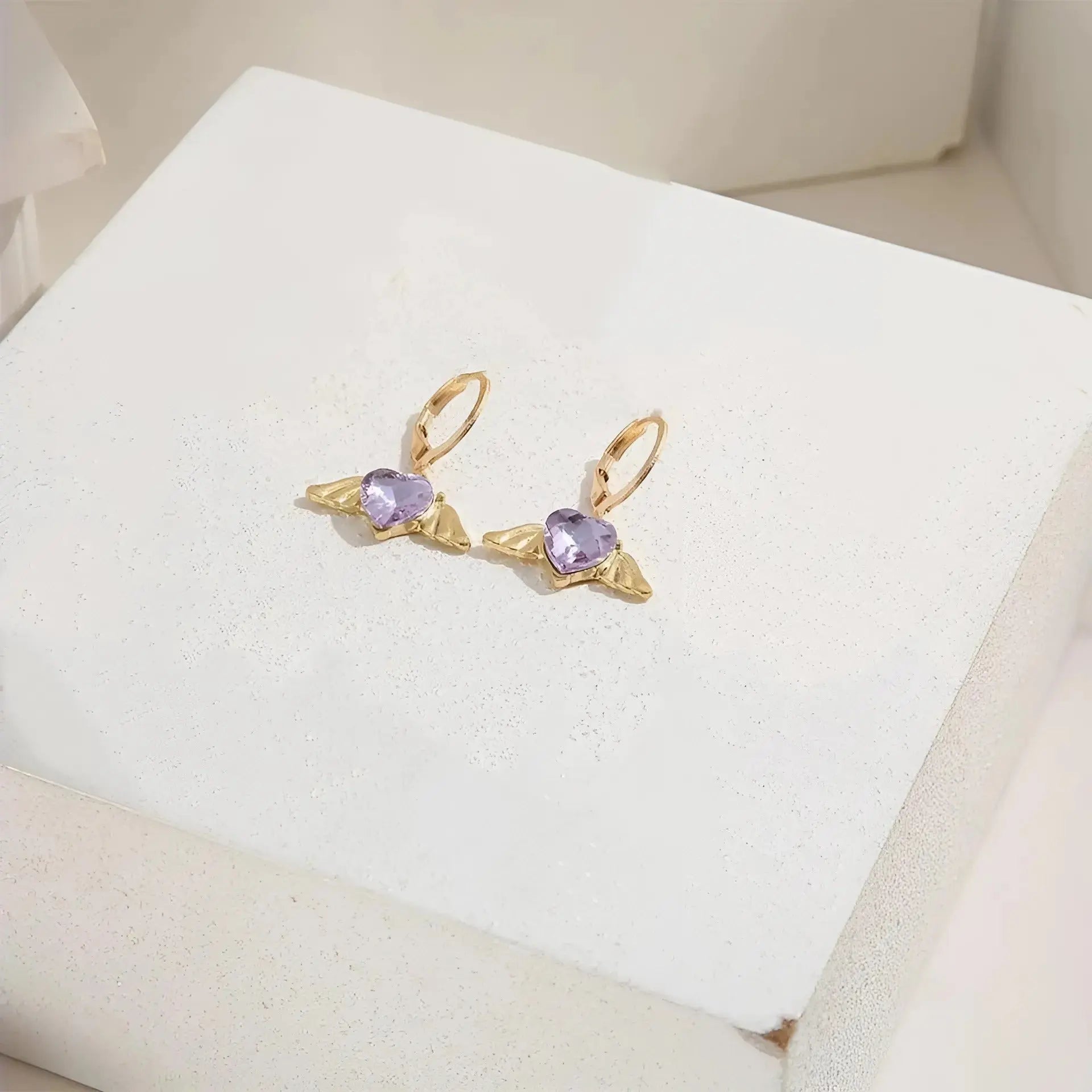 Gold Hoop Earrings with Purple Heart Artificial Stone ZYORA