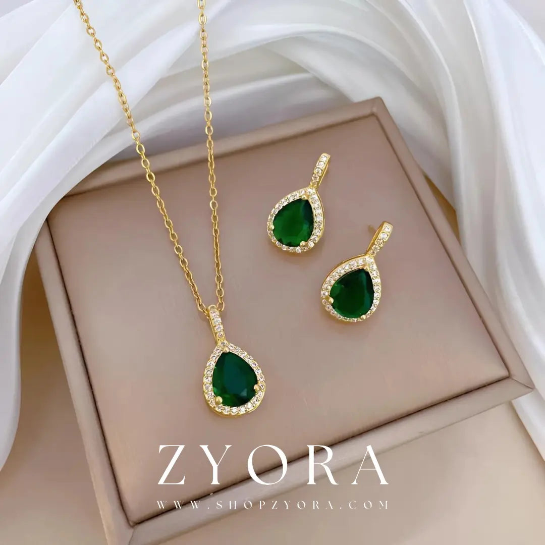 Green Gemstone Gold Necklace and Earring Set ZYORA