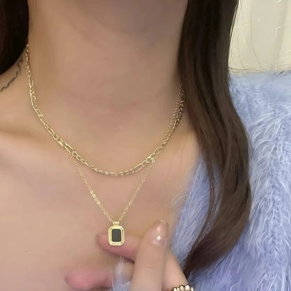 Gold-Plated Layered Necklace with Black Pendant