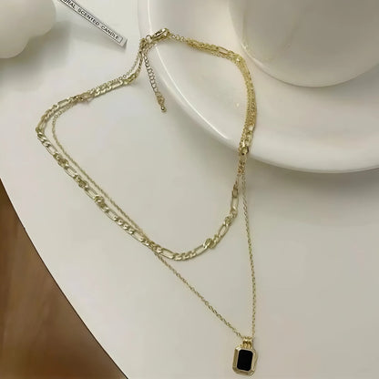 Gold-Plated Layered Necklace with Black Pendant